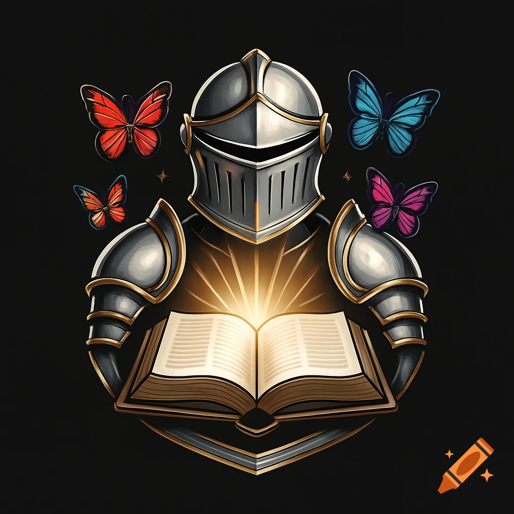 A stylized logo featuring a knight's silver helmet and shoulder armor above an open book with glowing pages, surrounded by red, blue, and purple butterflies.
