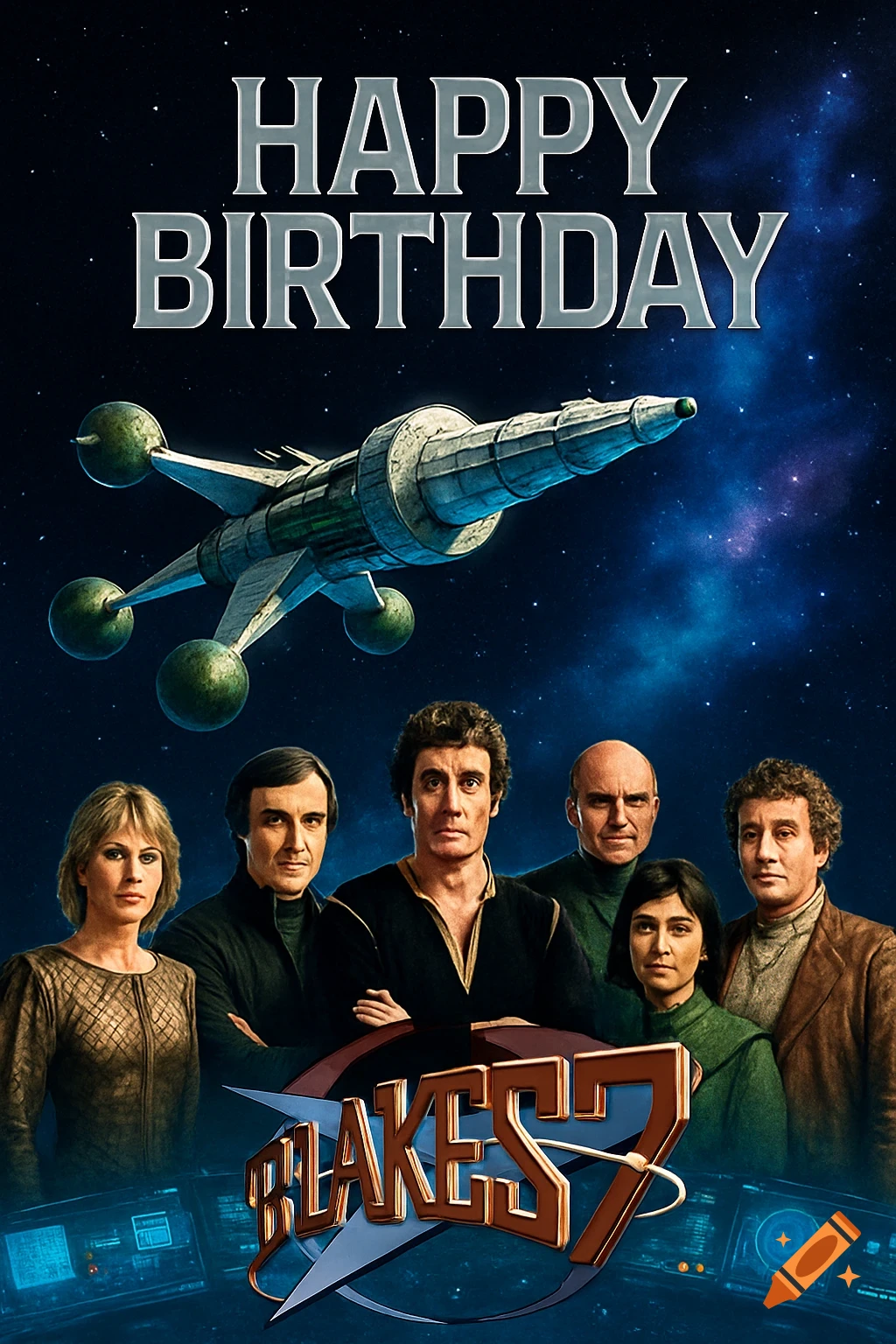 A Blake's 7 birthday card featuring the main crew and The Liberator spaceship, with 'Happy Birthday' text.