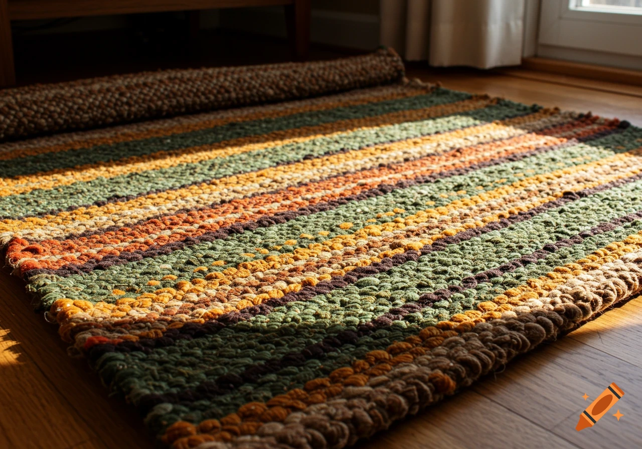 A close-up of a striped rag rug in fall colors of green, orange, yellow, and brown lying on a wooden floor.