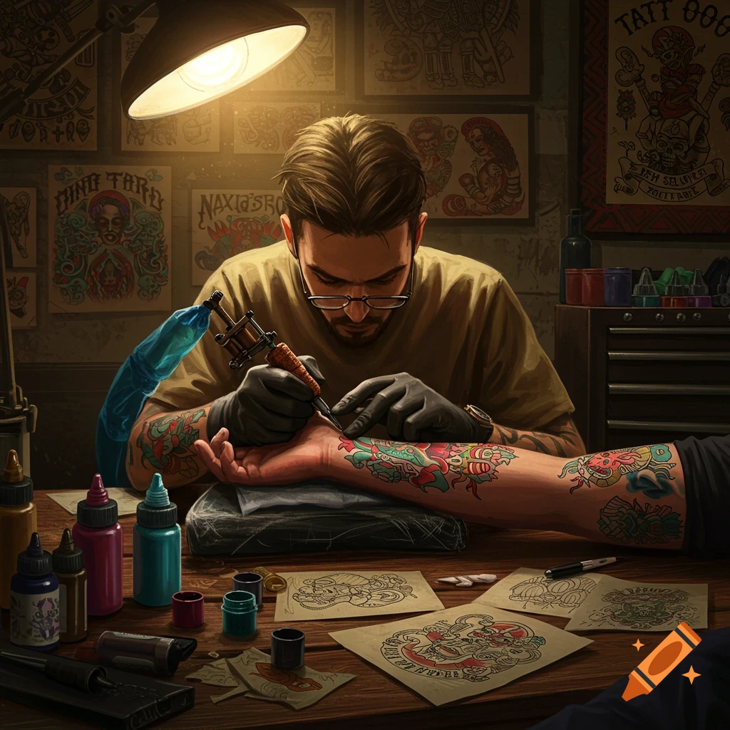 A male tattoo artist in glasses and gloves works on a client's arm, surrounded by tattoo designs in a warm, lit studio.