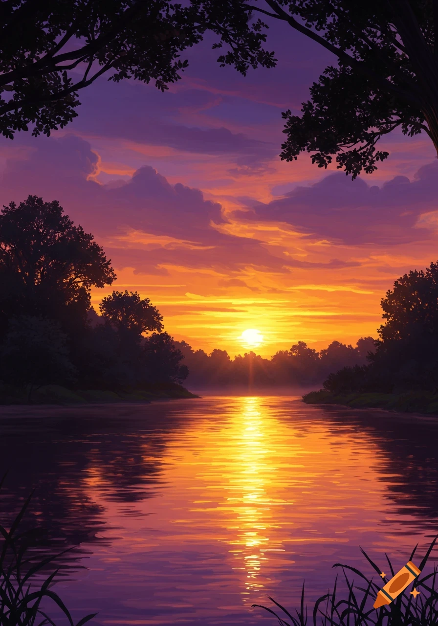 Vibrant orange and purple sunset over a calm river reflecting the sun, with silhouetted trees framing the scene.