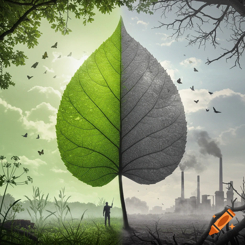 A large leaf split, one half vibrant green in nature, the other gray with industrial pollution, a person stands below.