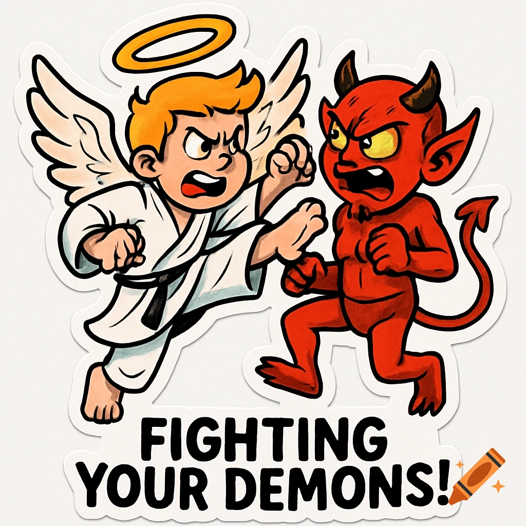 A cartoon sticker of a blond angel in a white gi kicking a red devil with horns and a tail. Text reads "FIGHTING YOUR DEMONS!"