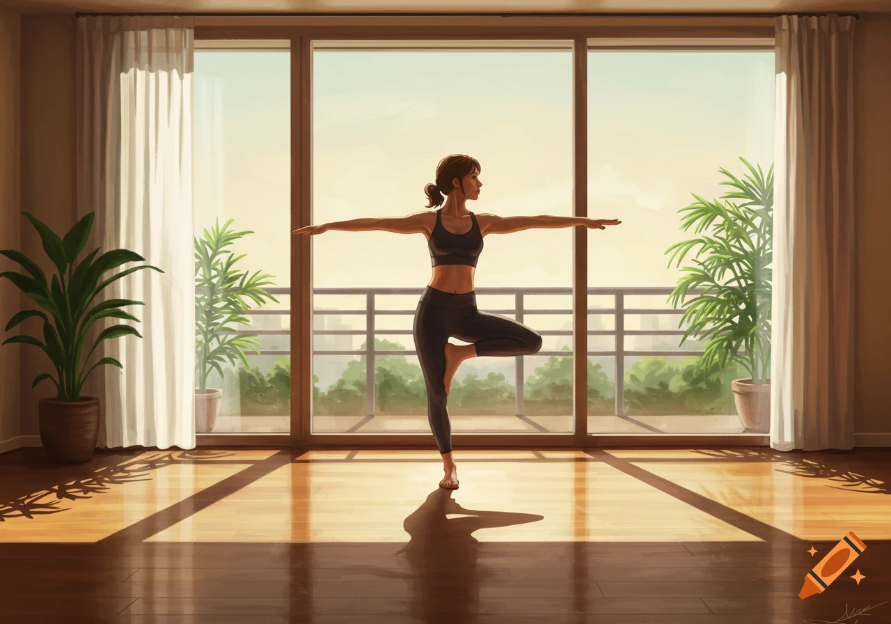 Illustrated woman in a sunlit room doing a tree yoga pose, with large windows overlooking a city.