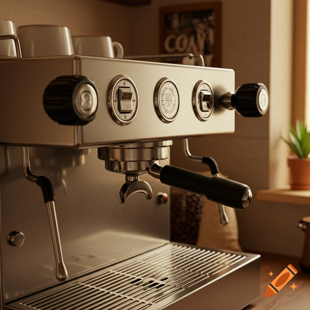 Close-up of a silver espresso machine with a portafilter, steam wands, and cups on top in a warm-lit kitchen.