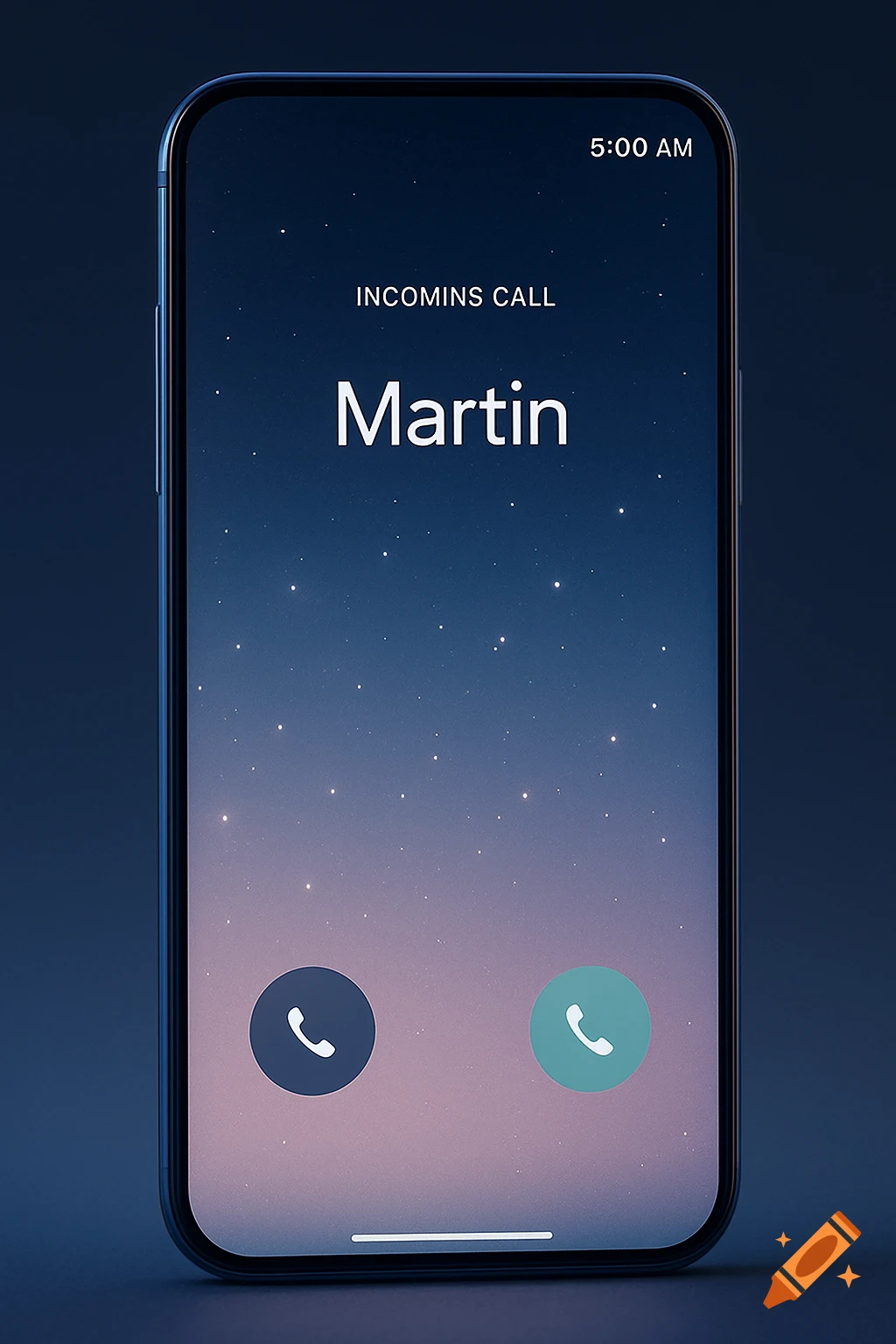 A smartphone screen displaying an incoming call from Martin at 5:00 AM, with answer and decline buttons.