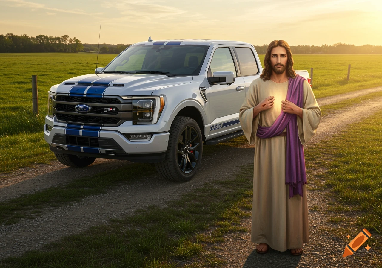 Jesus stands next to a white Ford F-150 truck with blue racing stripes on a dirt road in a field at sunset.