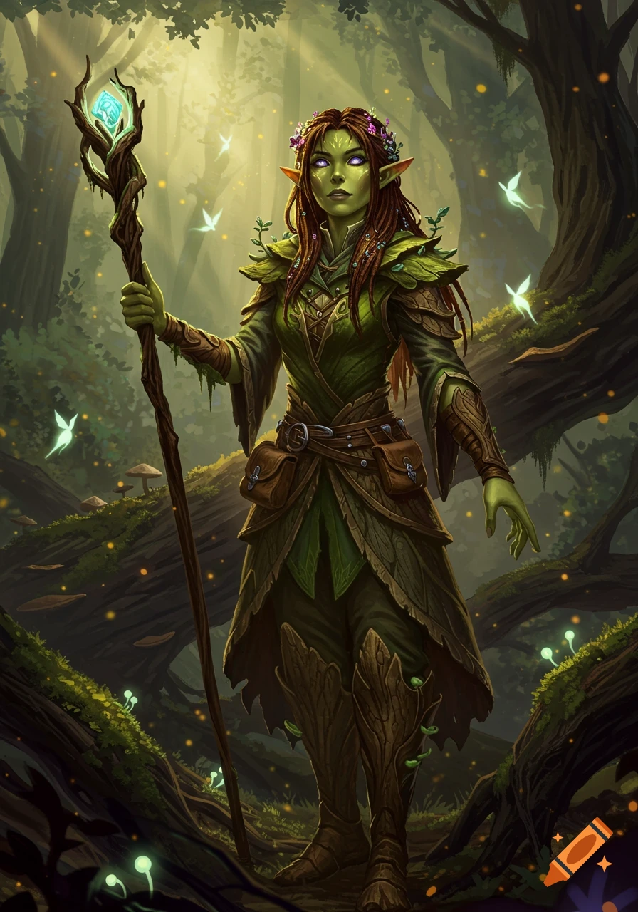 Digital painting of a green-skinned wood elf with purple eyes, in a leafy wizard outfit, standing in a magical sunlit forest with a glowing staff.