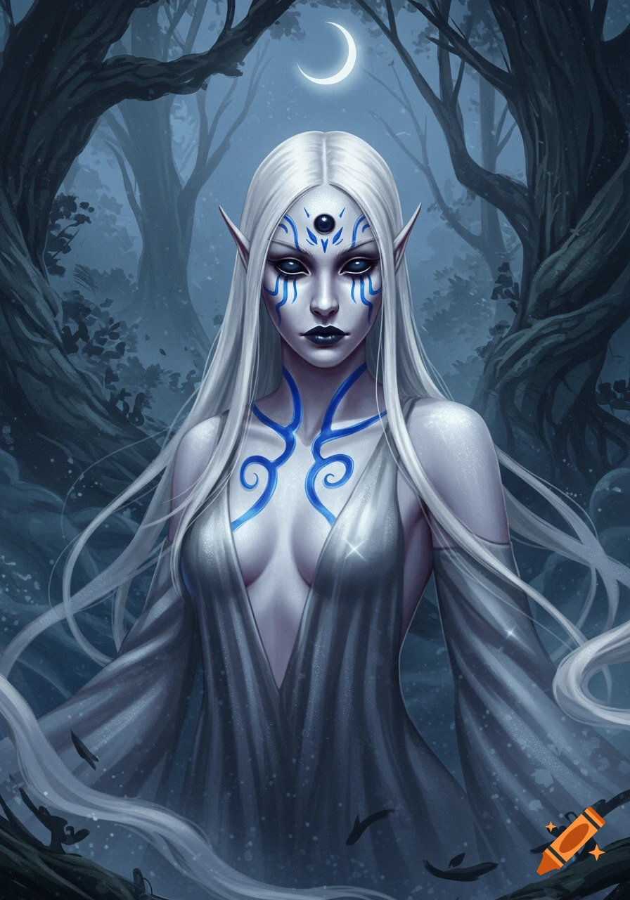 A mystical pallid elf woman with white hair, black eyes, and blue tribal markings on her face and chest, in a dark forest under a crescent moon.