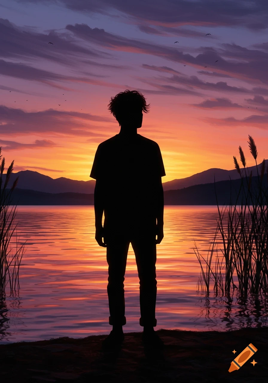 Silhouette of a person standing by a lake, looking at a vibrant sunset over mountains, with tall grass on the sides, digital illustration.