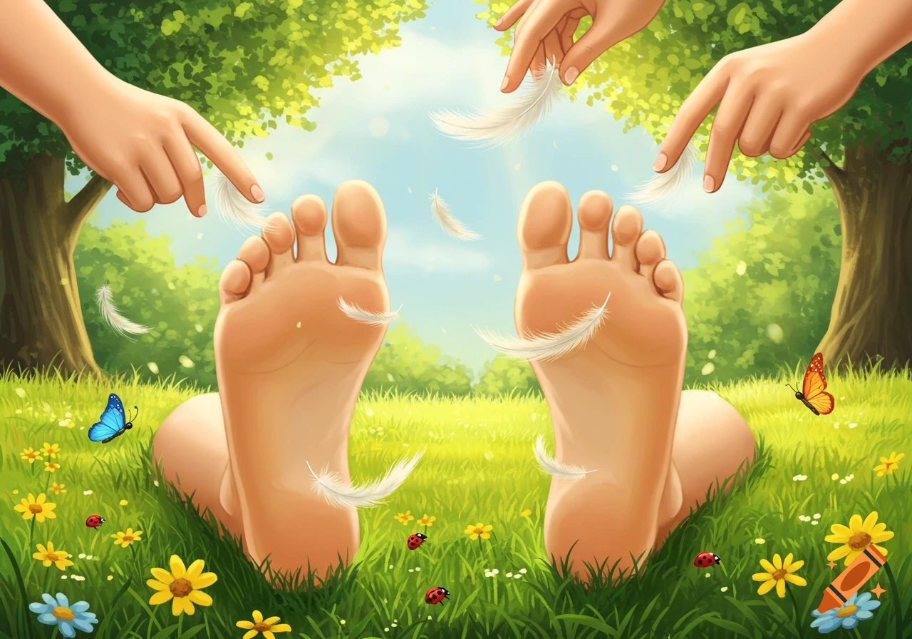 Illustrated bare feet being tickled by hands with feathers in a vibrant green field with flowers and butterflies.
