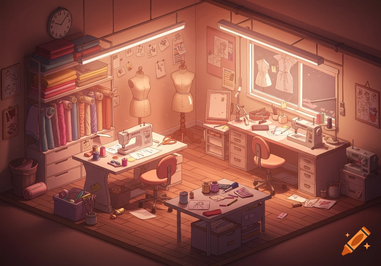 Cozy isometric illustration of a fashion design studio with sewing machines, mannequins, fabric rolls, and sketch tables in warm light.
