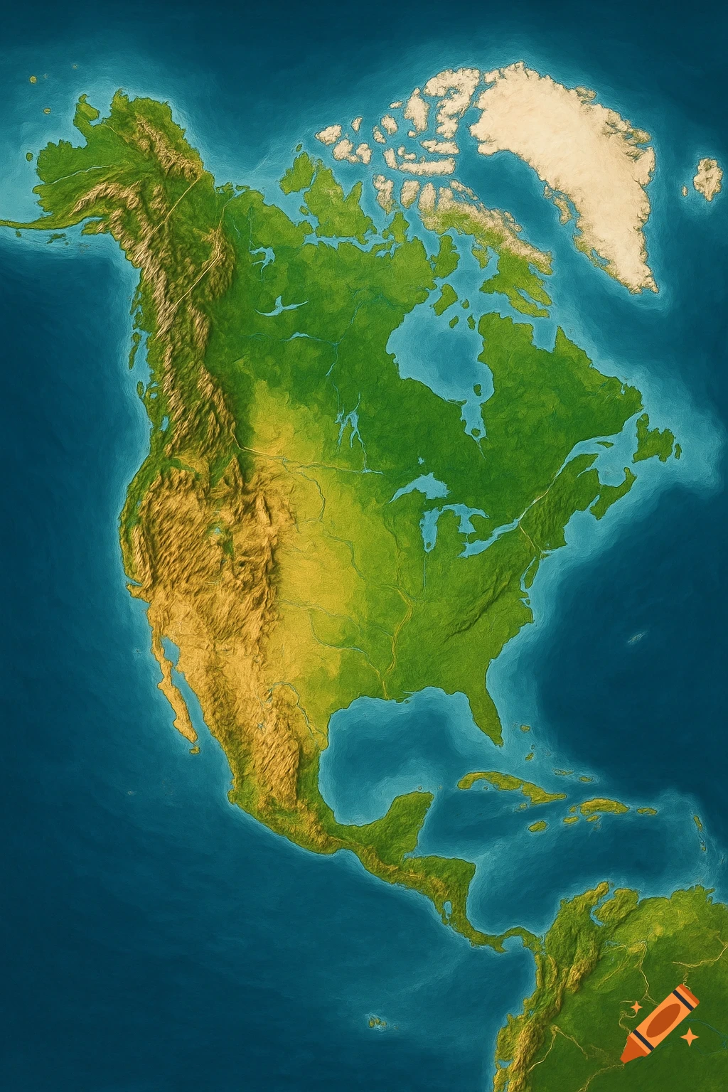 Detailed physical map of North America showcasing mountain ranges, plains, and surrounding oceans.