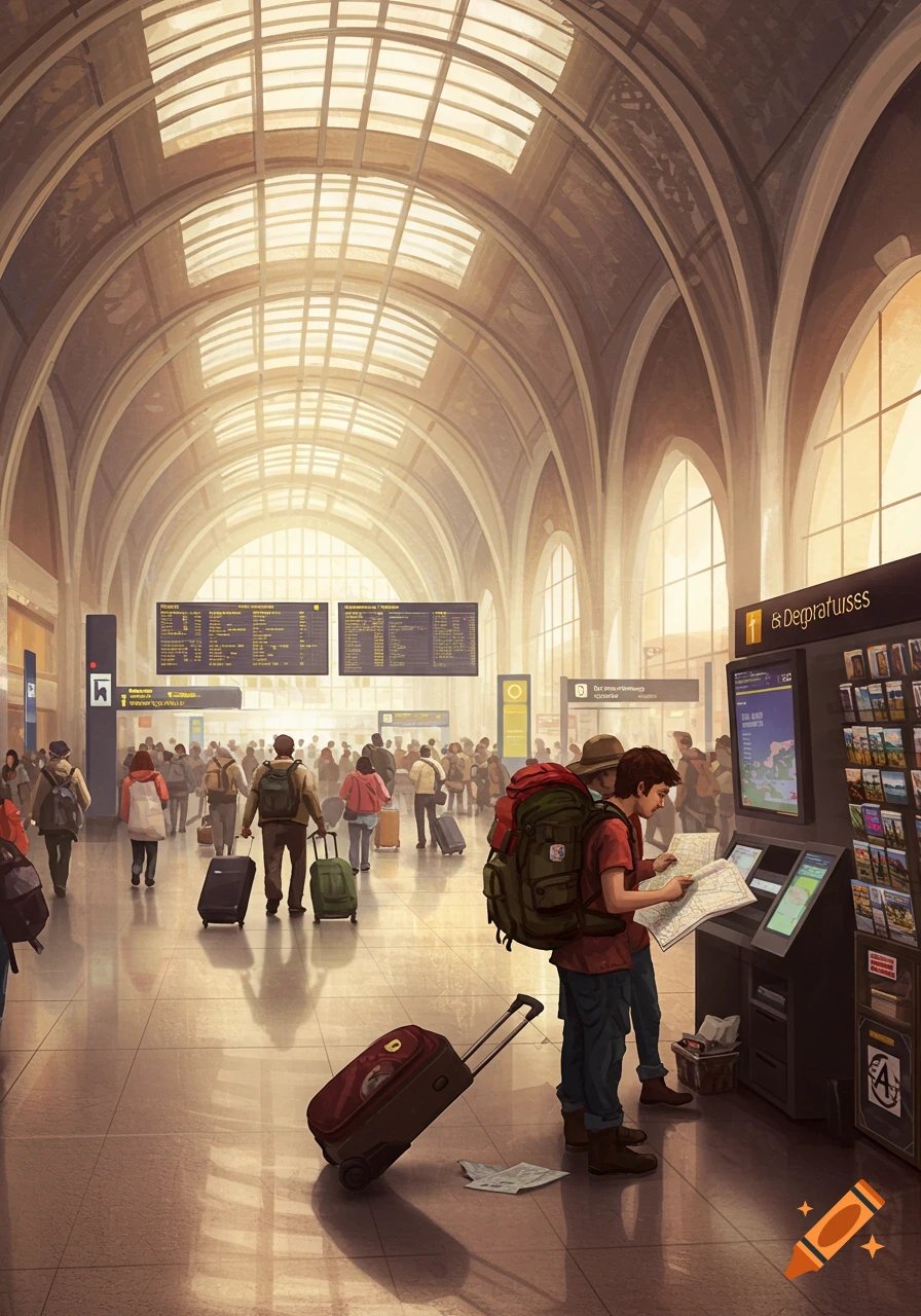 Illustration of a bustling airport terminal with travelers, luggage, departure boards, and an information kiosk under a high arched ceiling.