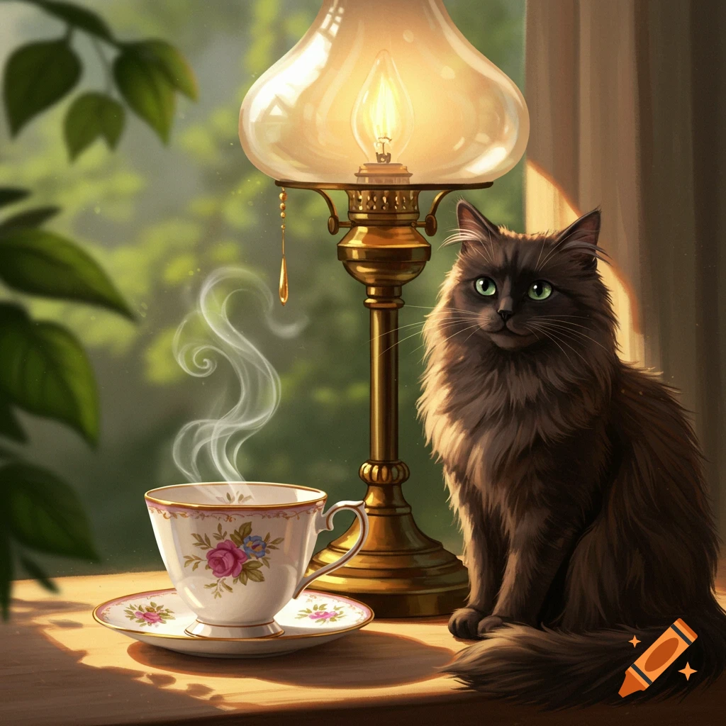 A fluffy dark cat with green eyes sits beside a steaming teacup and a glowing antique lamp on a wooden surface, with greenery outside.