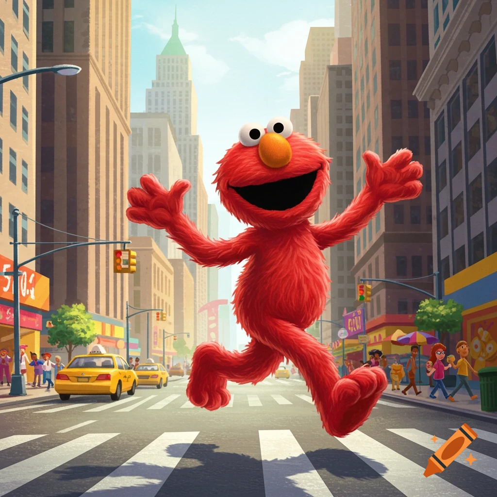 A vibrant illustration of Elmo running happily across a busy city street with tall buildings and yellow taxis.