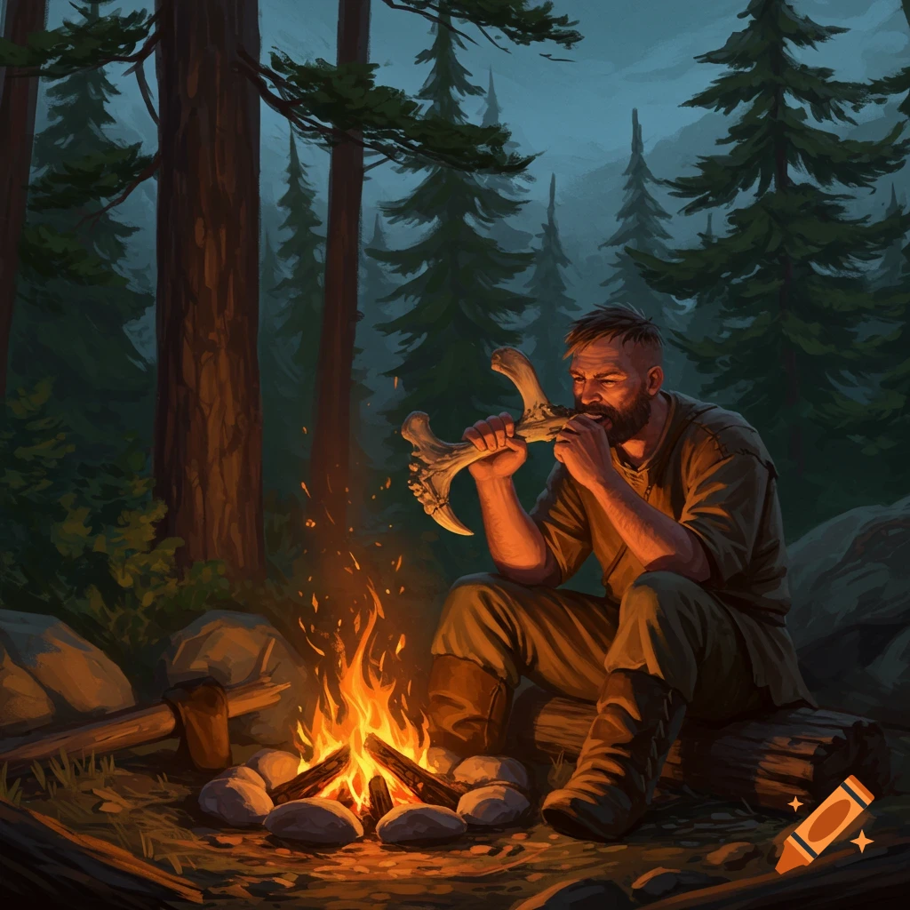 A bearded man gnaws on an antler-like bone while sitting by a campfire in a dark, stylized forest.