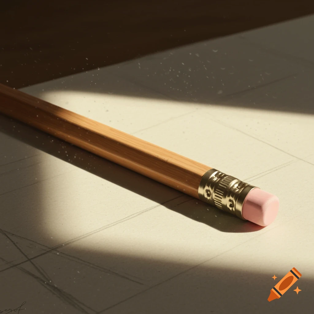 Close-up of a wooden pencil with a pink eraser, lying on a paper with faint sketches, illuminated by warm diagonal light.