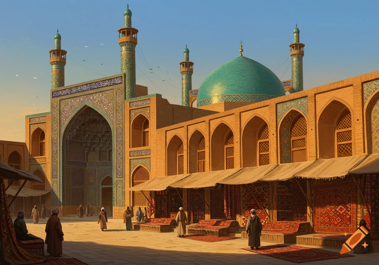A grand mosque with a turquoise dome and minarets overlooks a bustling marketplace filled with rugs and people in traditional attire, bathed in golden sunlight.