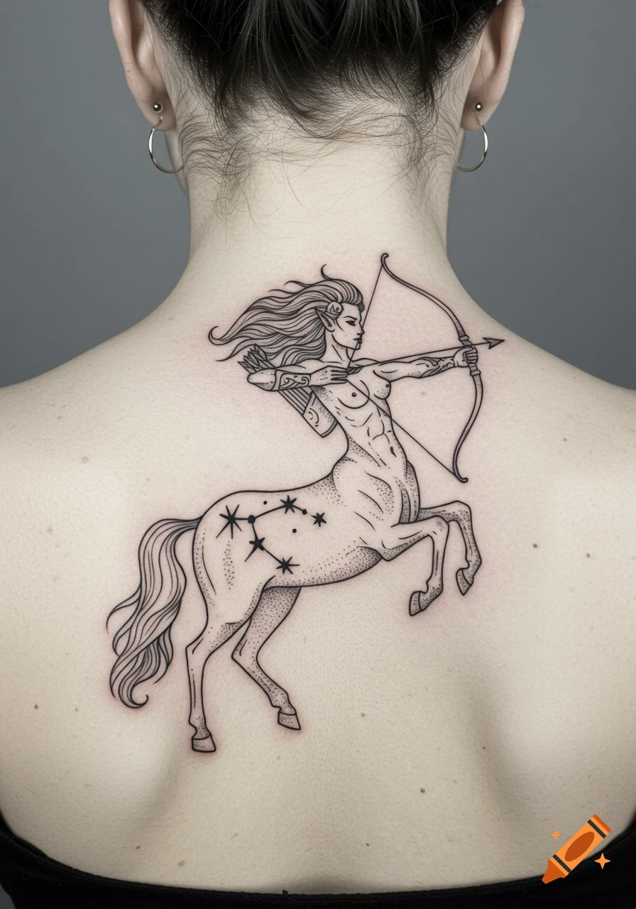 Detailed line art tattoo of a female centaur archer with the Sagittarius constellation on her horse body, on a person's upper back.