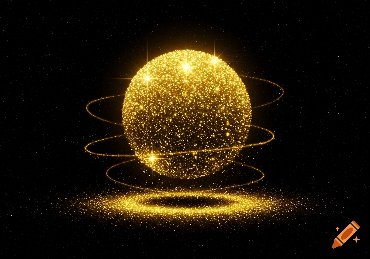 A shimmering gold glitter sphere with light reflections, surrounded by glowing rings, on a black background with subtle stars.
