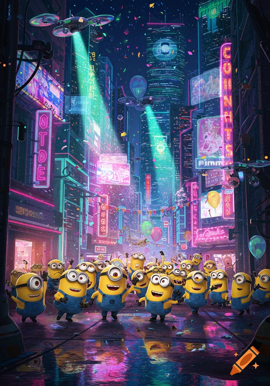 A group of Minions celebrate in a vibrant, neon-lit cyberpunk city at night with drones flying overhead.
