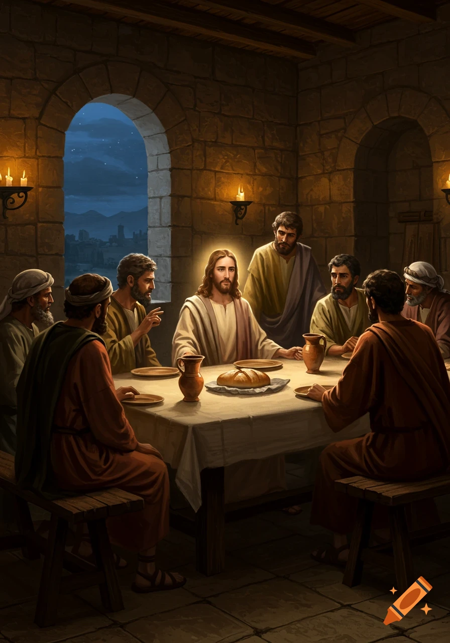 Jesus and his disciples gather around a table for a meal in a dimly lit, stone-walled room, with candles providing light and a night sky visible through an archway.