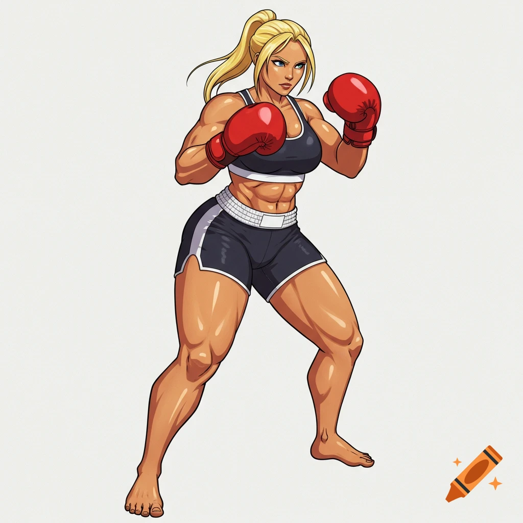 Cartoon style image of a muscular blonde female boxer in a sports bra and shorts, in a fighting stance with red gloves.