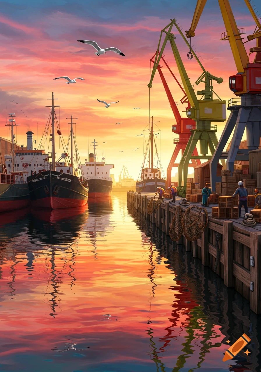Vibrant illustration of a city port at sunset, with ships, colorful cranes, and workers on a dock reflected in the water.