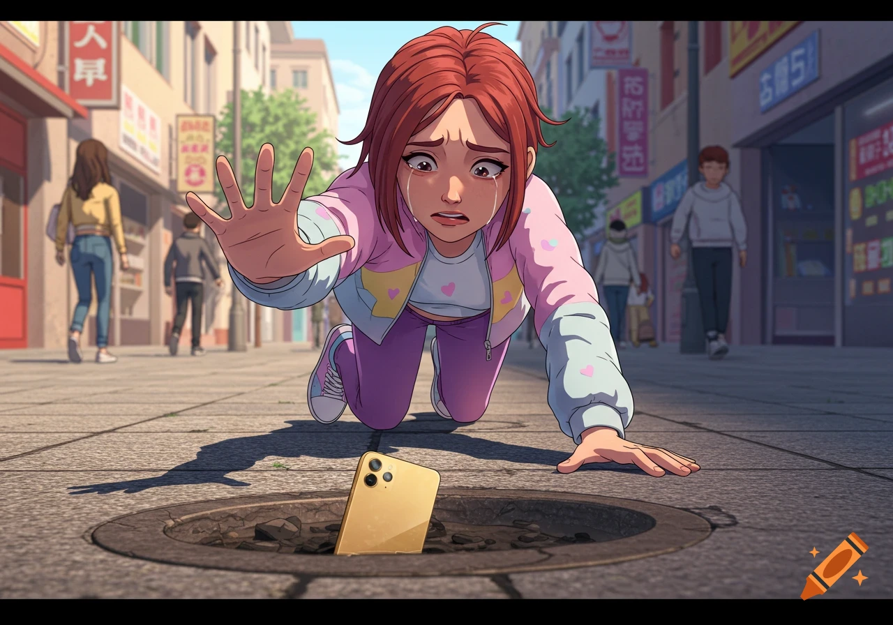 An anime-style image of a distressed young woman reaching for her golden smartphone fallen into a manhole on a city street.