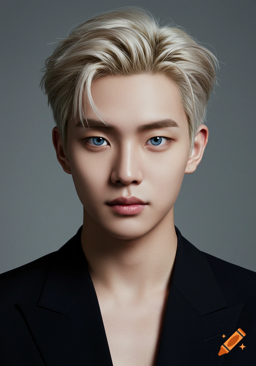 Hyperrealistic photo of a handsome young man with platinum blonde hair and blue eyes, wearing a black suit against a plain grey background.