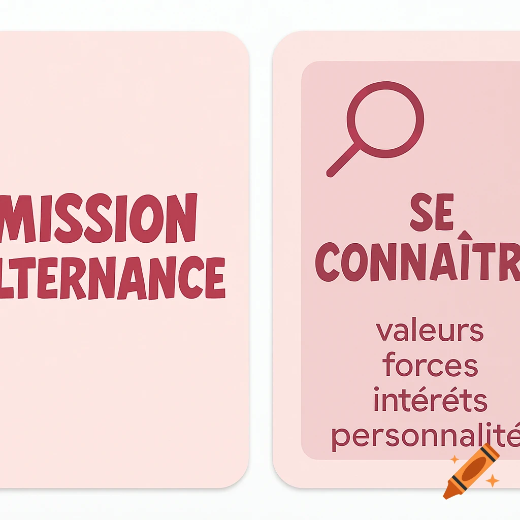 Two light pink educational cards with French text including 'MISSION ALTERNANCE' and 'SE CONNAÎTRE', and a magnifying glass icon, in a minimalist design.