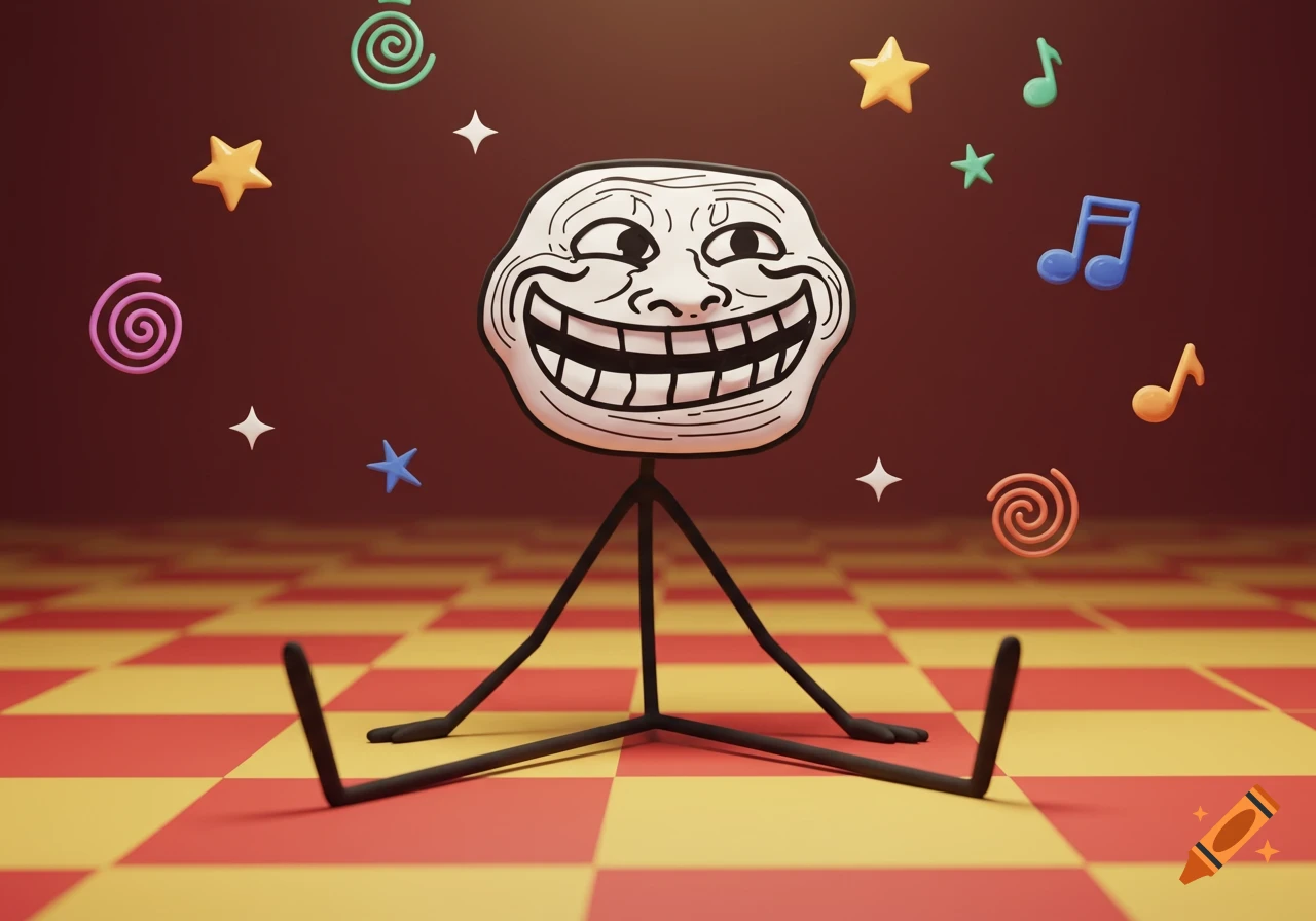A grinning Trollface stickman sits on a red and yellow checkered floor, surrounded by floating colorful stars, music notes, and spirals.