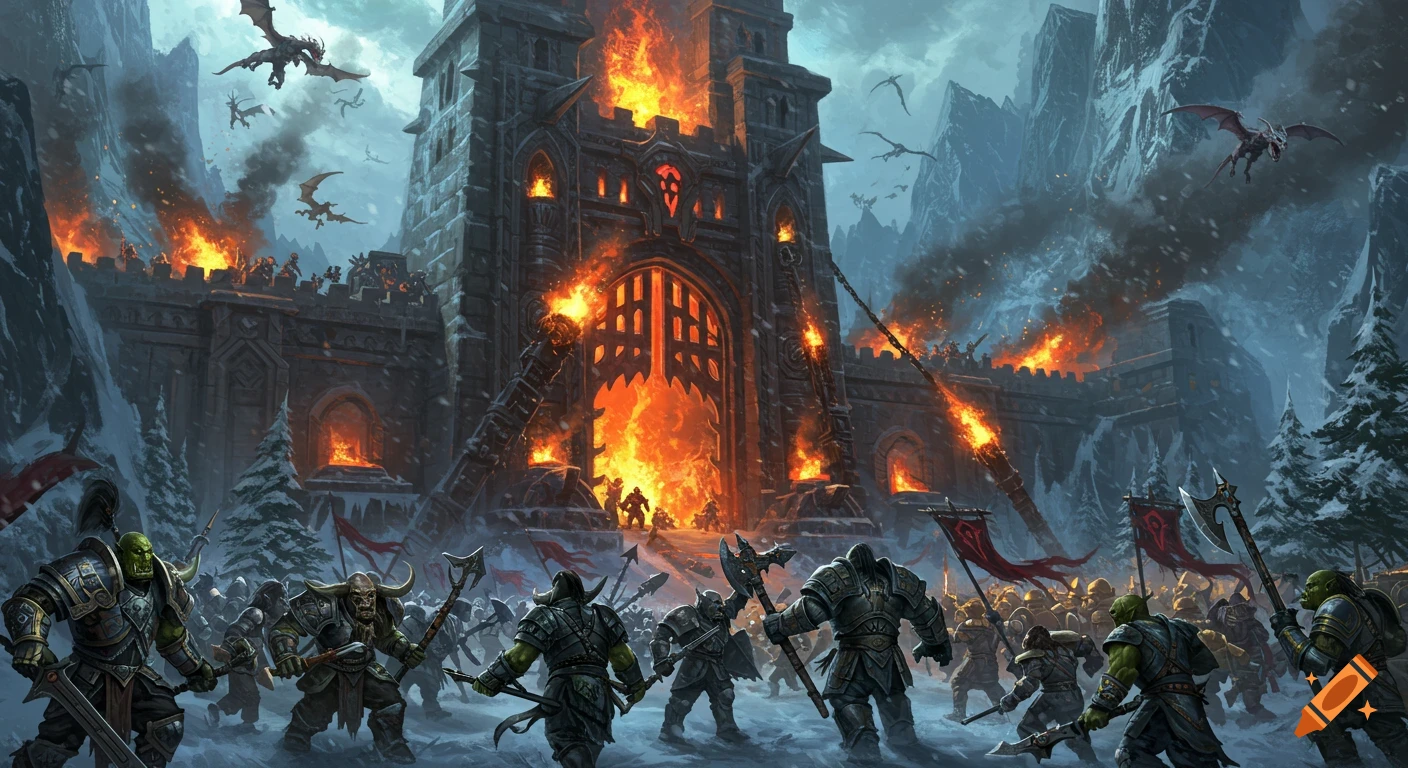 Orcs and fantasy warriors besiege a burning stone fortress in snowy mountains, with dragons flying overhead, in a high-fantasy style.