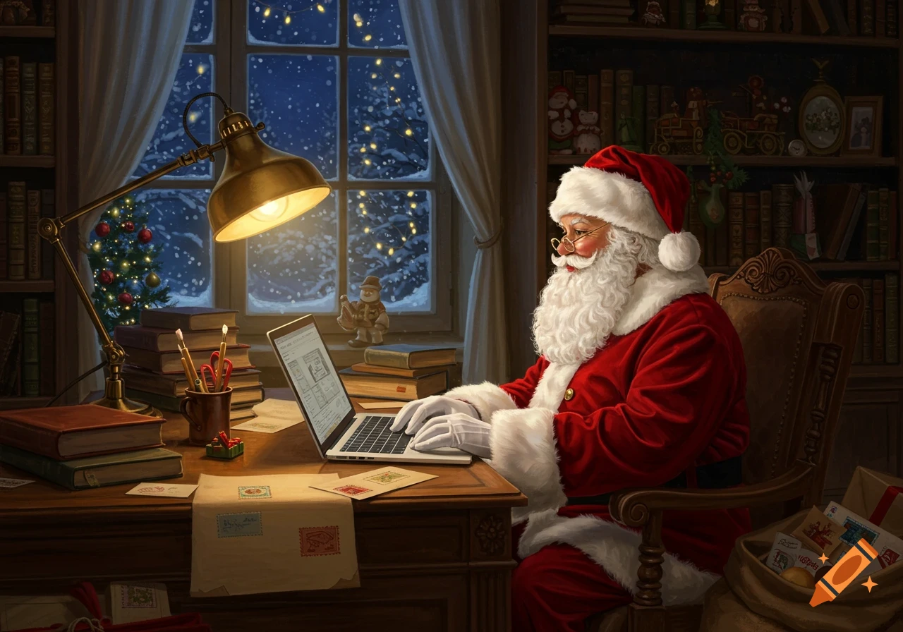 Santa Claus in his study, wearing a red suit and glasses, typing on a laptop with a snowy window view and bookshelves behind him.