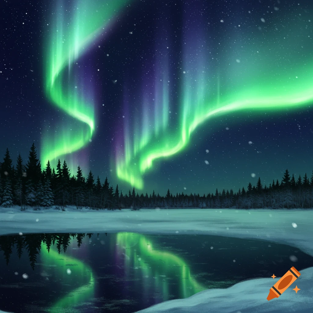 A vibrant green and purple aurora borealis dances over a snowy forest and a partially frozen lake, reflecting the lights.