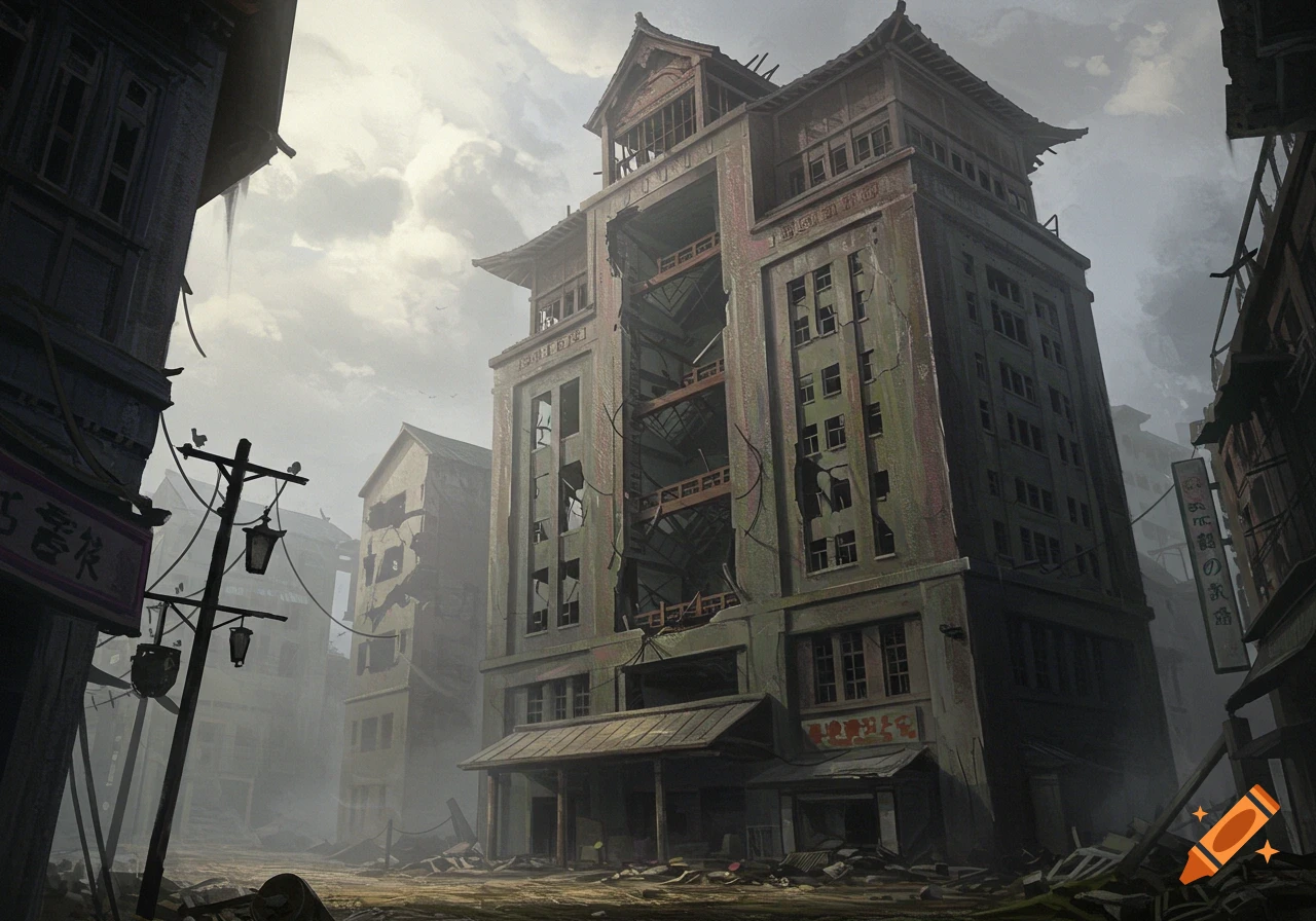 Illustration of a ruined Japanese city street with a large, damaged building featuring traditional roof styles amidst rubble under a hazy sky.
