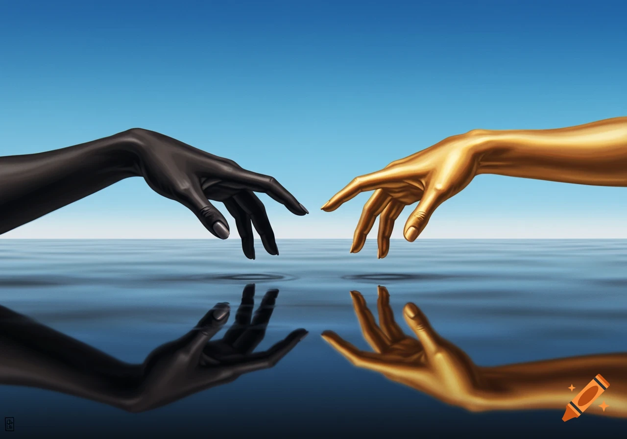 Two hands, one dark gray and one gold, reach towards each other over calm blue water under a clear blue sky, with reflections below.