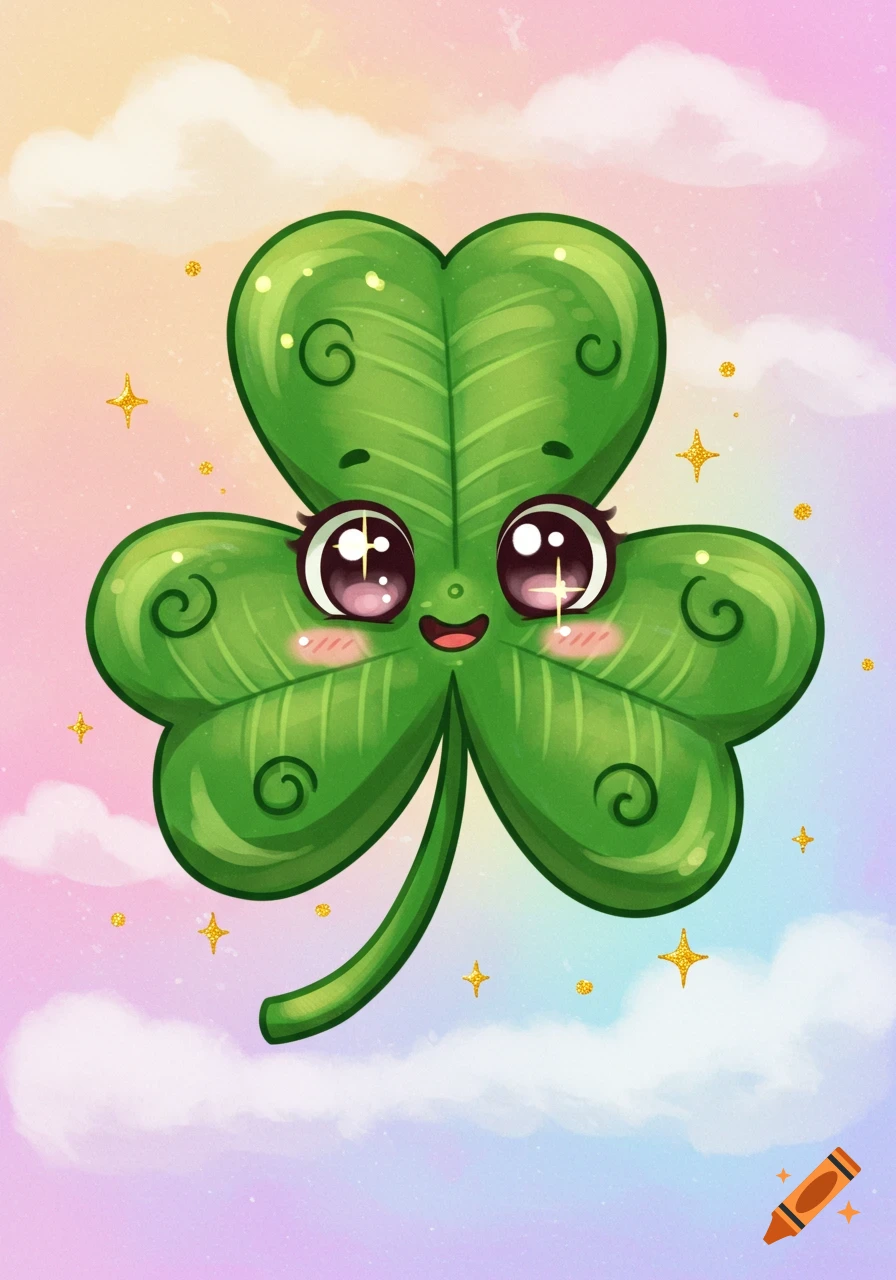A vibrant, cute, cartoon shamrock with large sparkly eyes and a happy smile floats against a colorful pastel sky with golden glitter.
