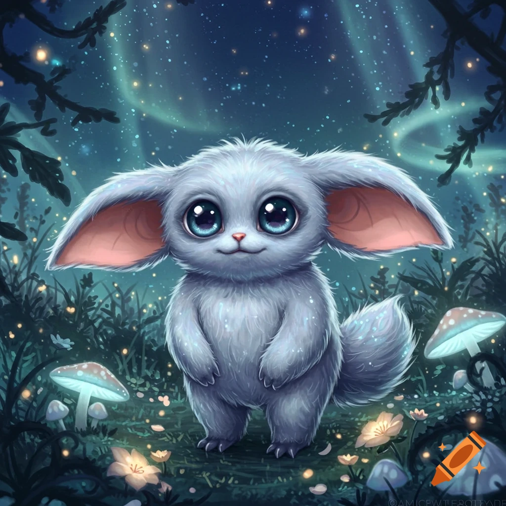 A fluffy white creature with huge blue eyes and large ears stands in a glowing magical forest with mushrooms.