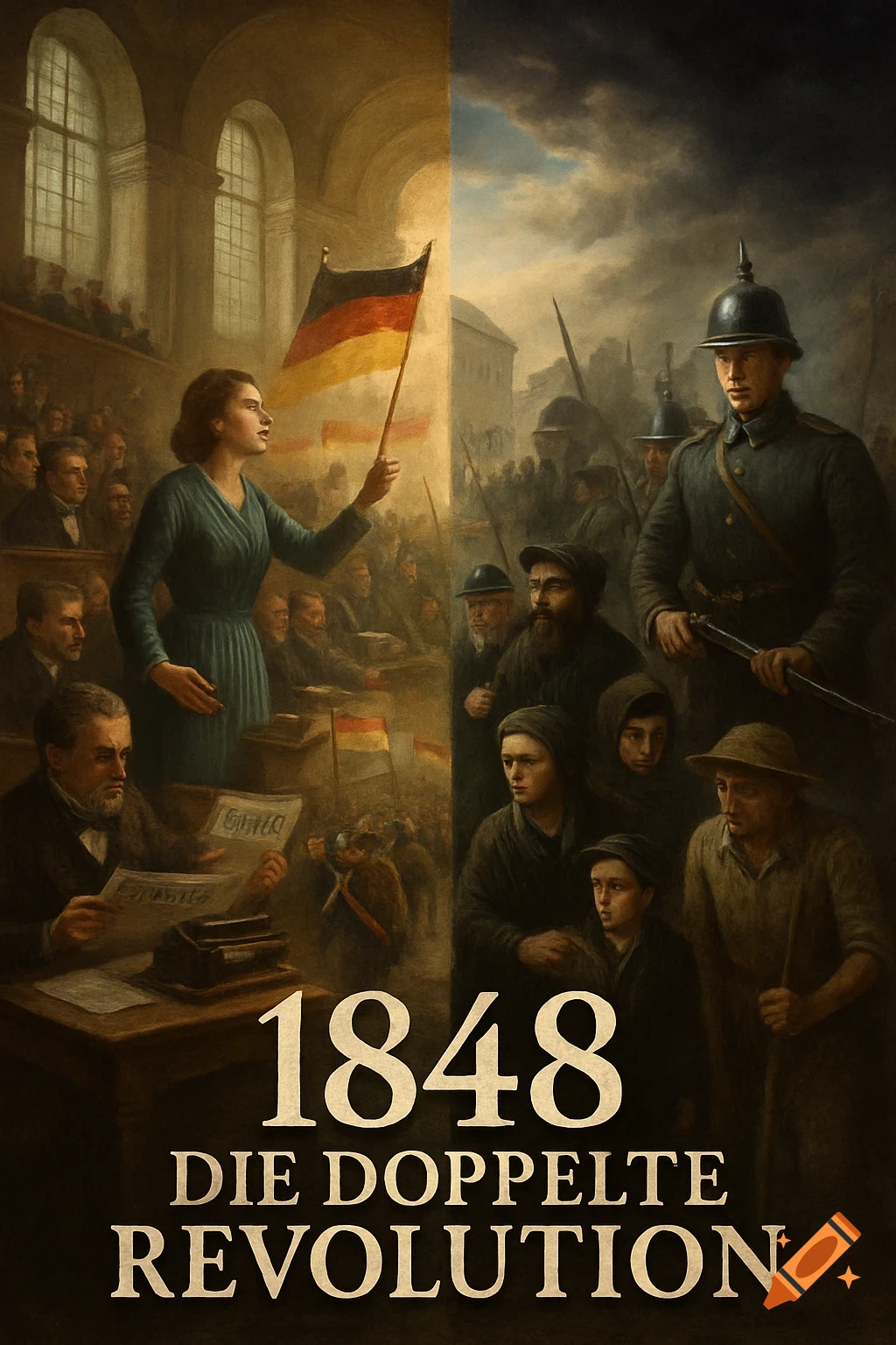 Historical painting showing 1848 revolution. Left: Woman with German flag in parliament. Right: Soldiers and civilians. Title: 1848 DIE DOPPELTE REVOLUTION.