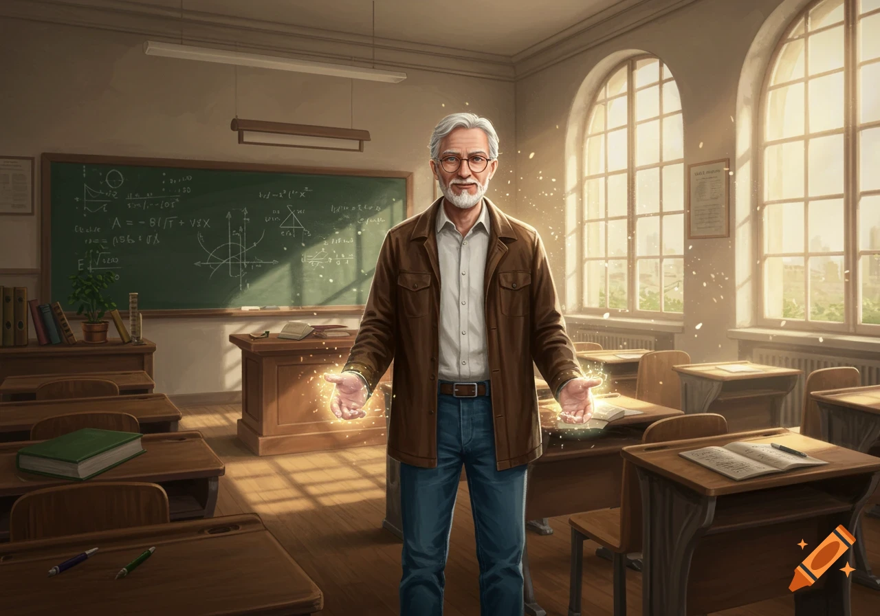 An older male teacher with gray hair and a brown jacket stands in a sunlit classroom, his hands glowing with golden light.