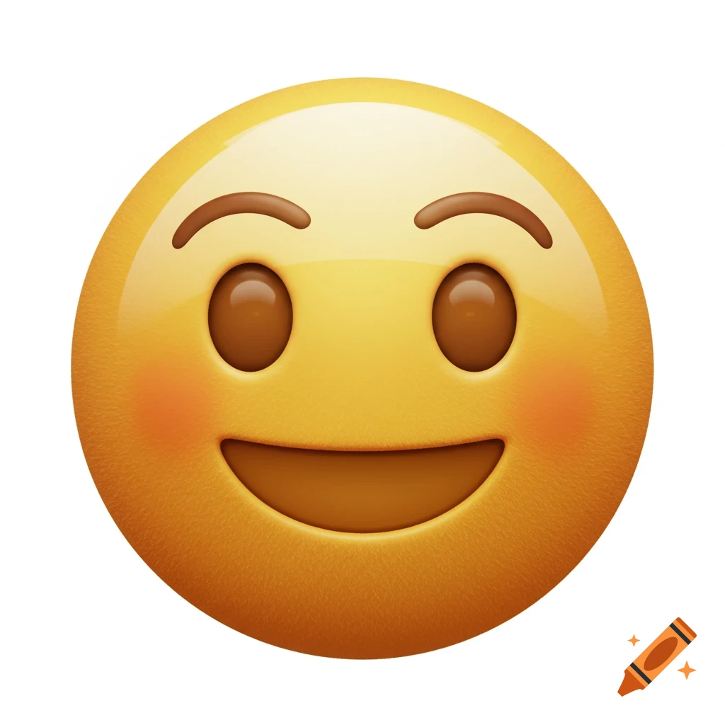 A 3D smiling yellow emoji with closed eyes, rosy cheeks, and brown eyebrows.