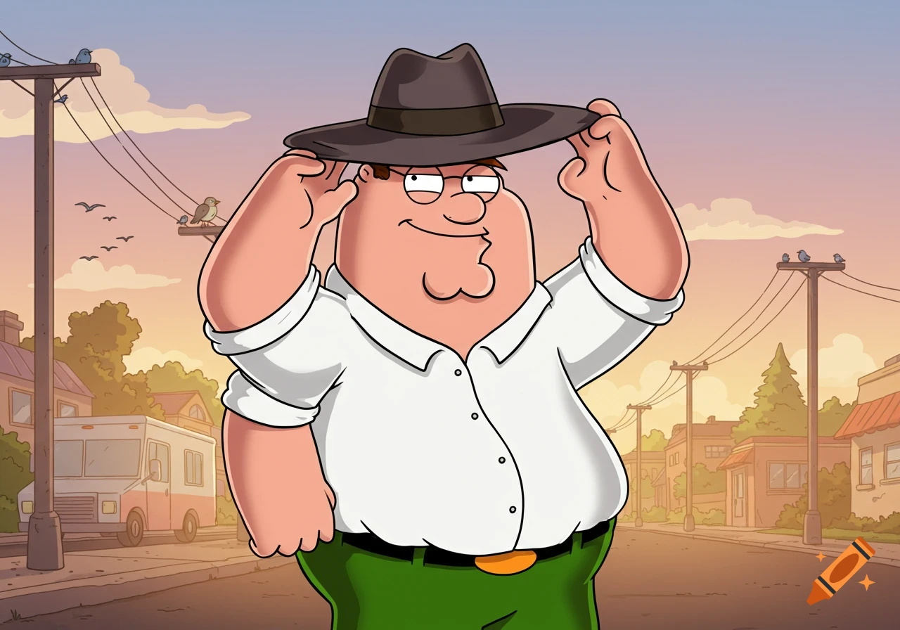 Peter Griffin, in a white shirt and green pants, adjusts his fedora hat on a cartoon suburban street at sunset.