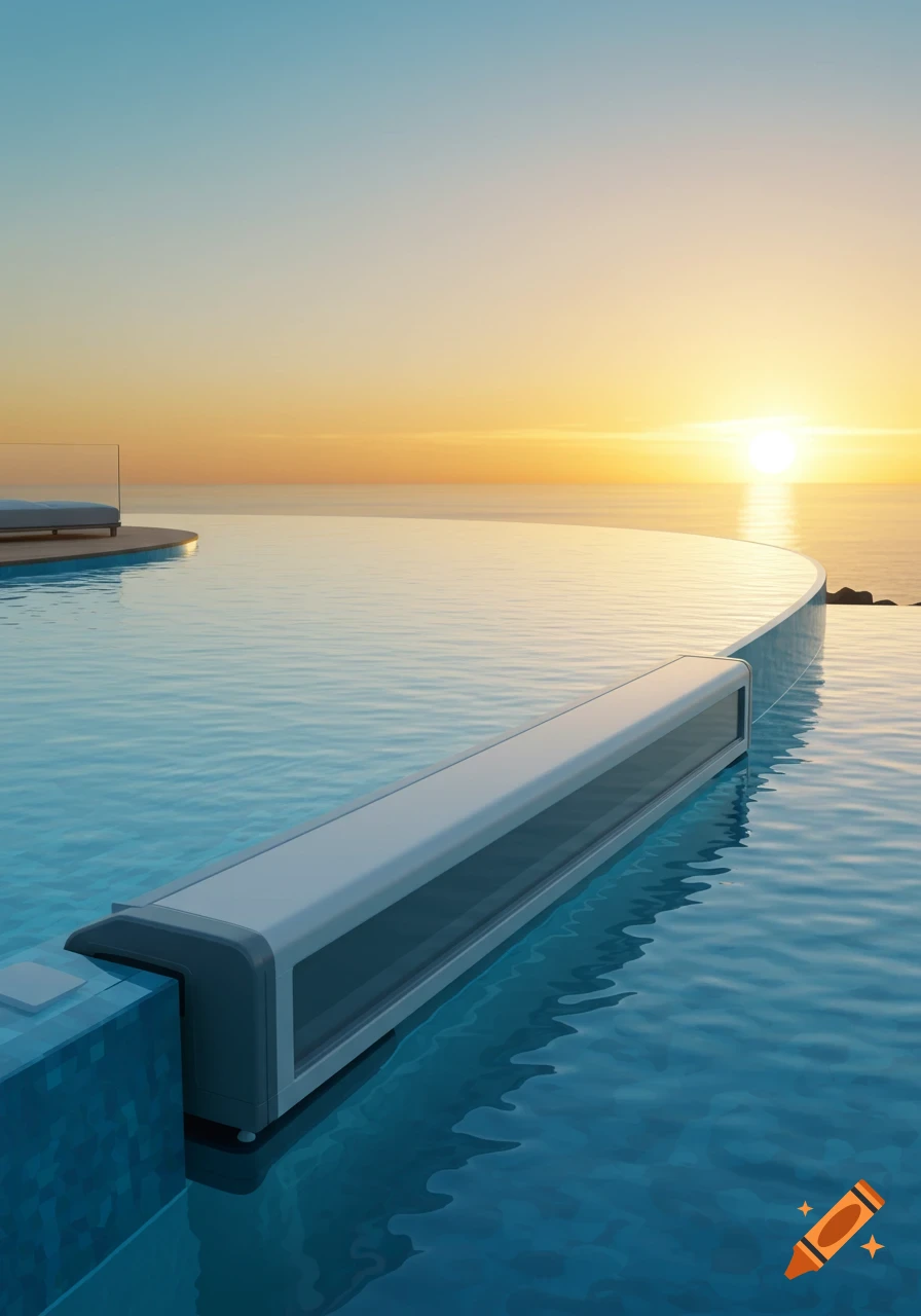 Photorealistic image of an infinity pool with an automatic cover, overlooking the ocean at sunset under a clear sky.