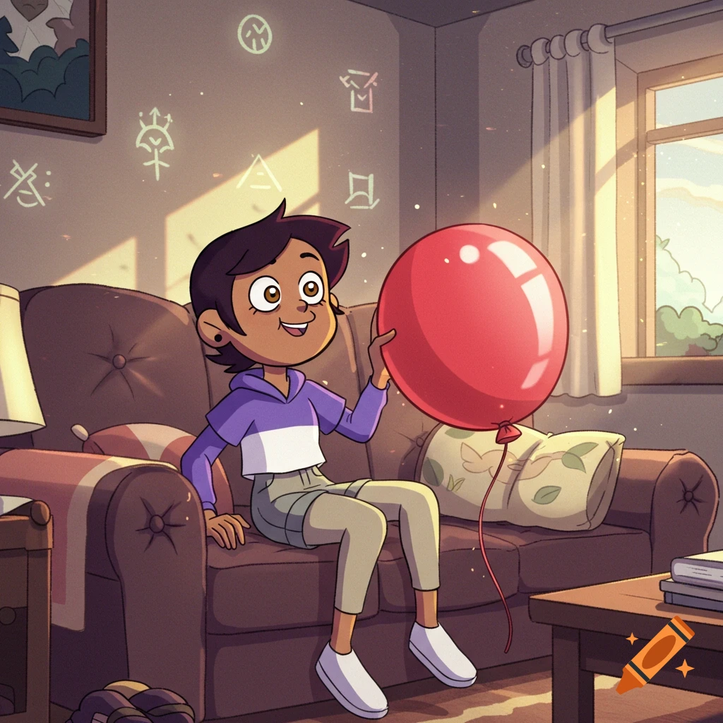 Luz Noceda sits on a brown couch in a sunlit room, smiling and holding a large red balloon. Magical glyphs glow on the wall behind her.