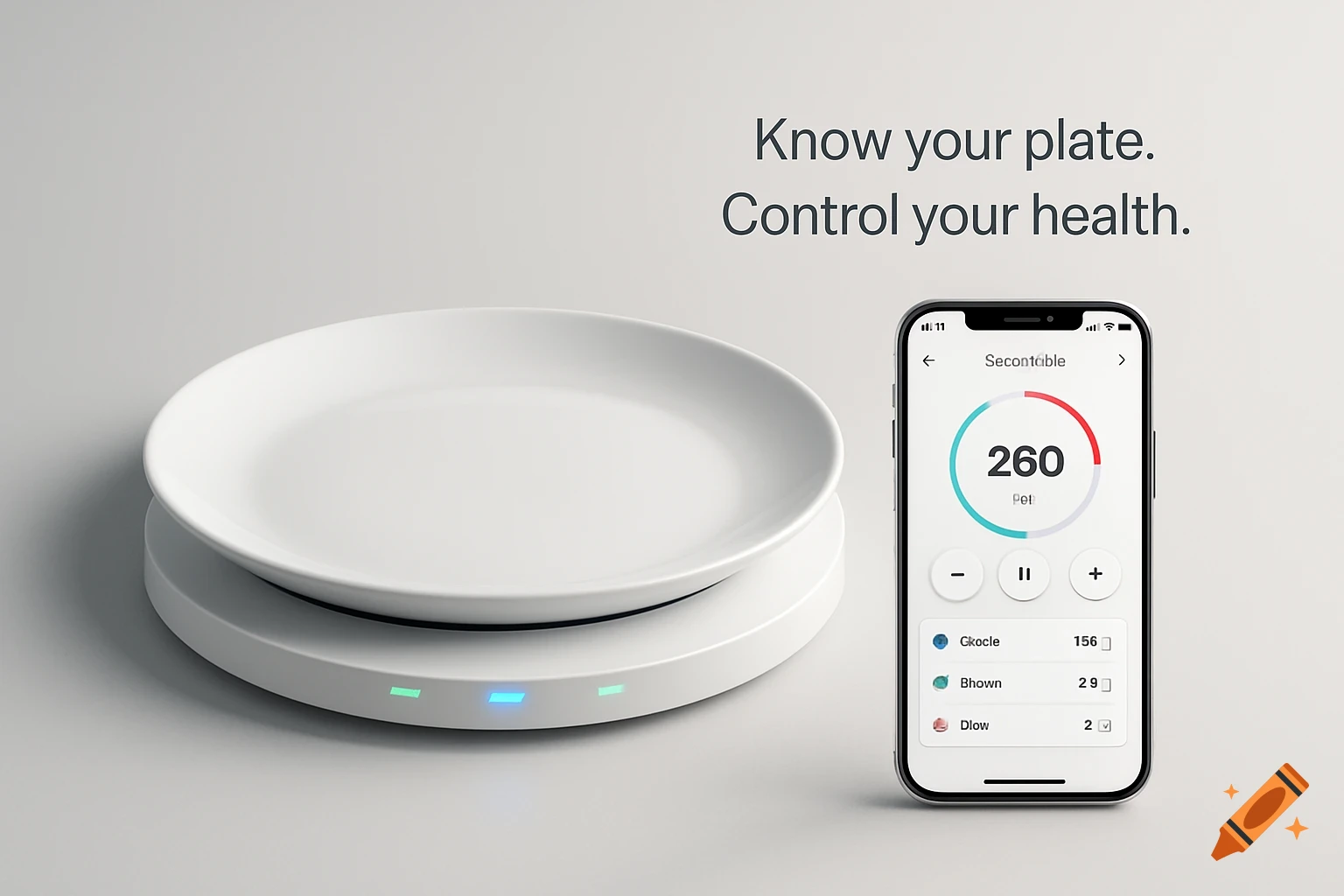 A white smart dinner plate on a base with glowing lights, next to a smartphone displaying a health tracking app, and a tagline "Know your plate. Control your health."