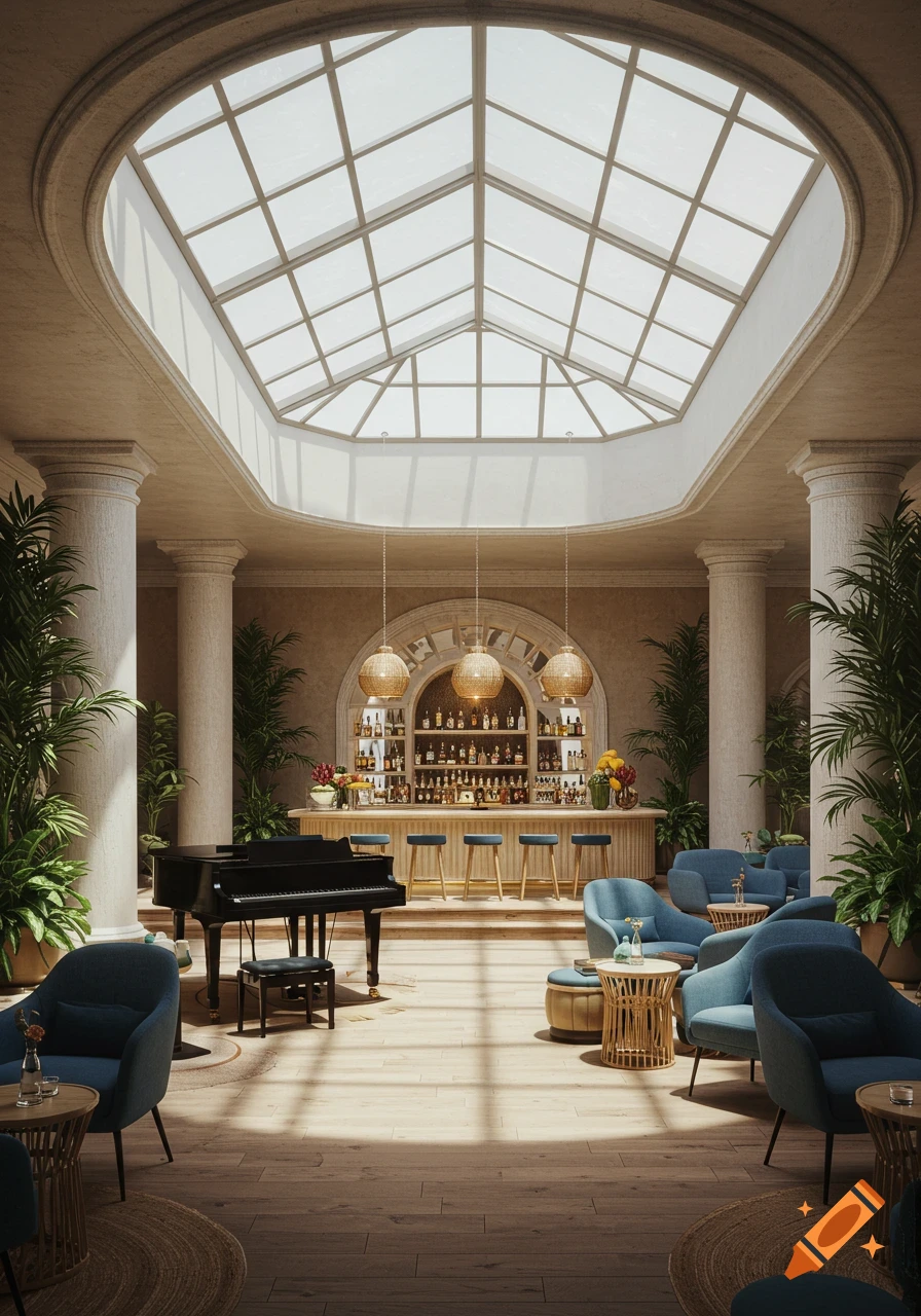 Photorealistic lounge bar interior with a large skylight, a well-stocked bar, a grand piano, and blue armchairs.