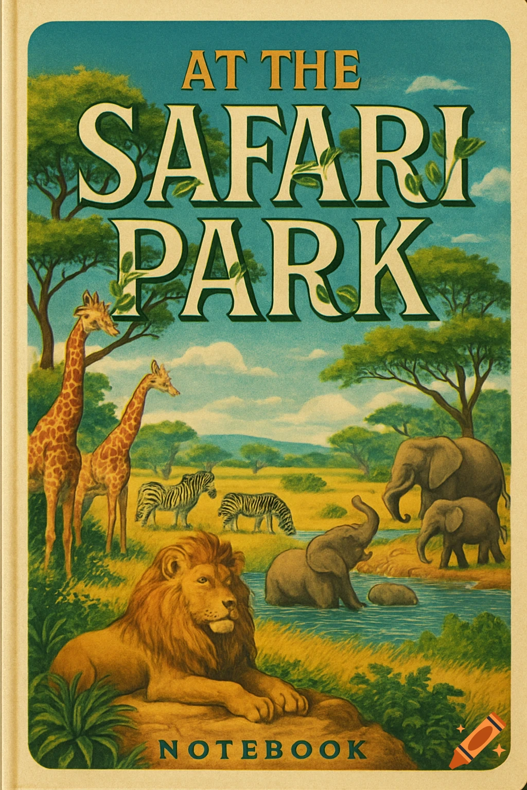 A vintage-style notebook cover titled 'AT THE SAFARI PARK' featuring a lion, giraffes, zebras, and elephants in a savanna landscape.