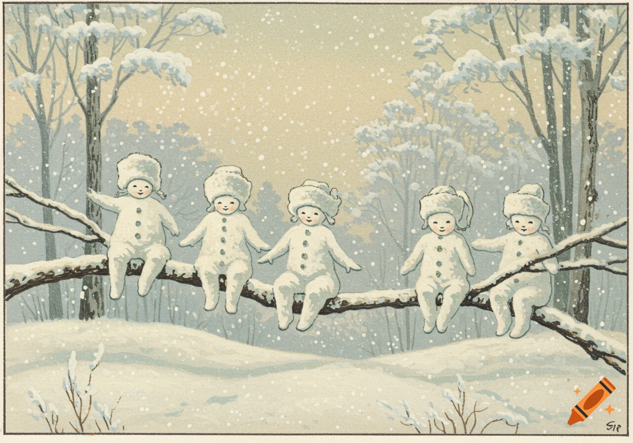 Five child-like human snowflakes in white coats and fur hats sit on a snow-covered branch in a vintage winter illustration.